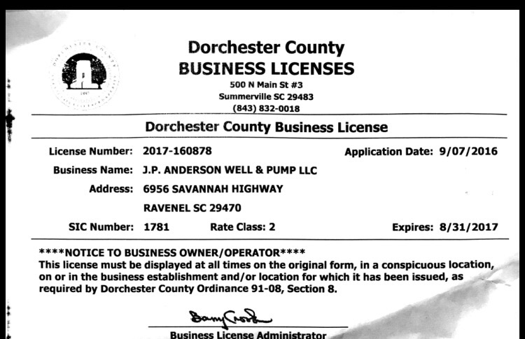 DORCHESTER County business license - Anderson Well & Pump South Carolina